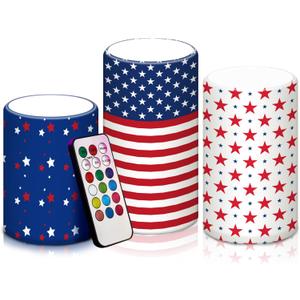 Retisee 3 Pcs Patriotic American Flag Flameless Candles 4th of July Battery Operated Candles Independence Day Flickering LED Pillar Candles for Memorial Day Decor with Remote Control (Stylish Style)