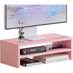 TEAMIX 2 Tiers Pink Monitor Stand Riser, Desktop Stand with Keyboard Storage Small TV Stand Laptop Wooden Desk Organizer Cute Shelf (Pink, 2 Tiers)