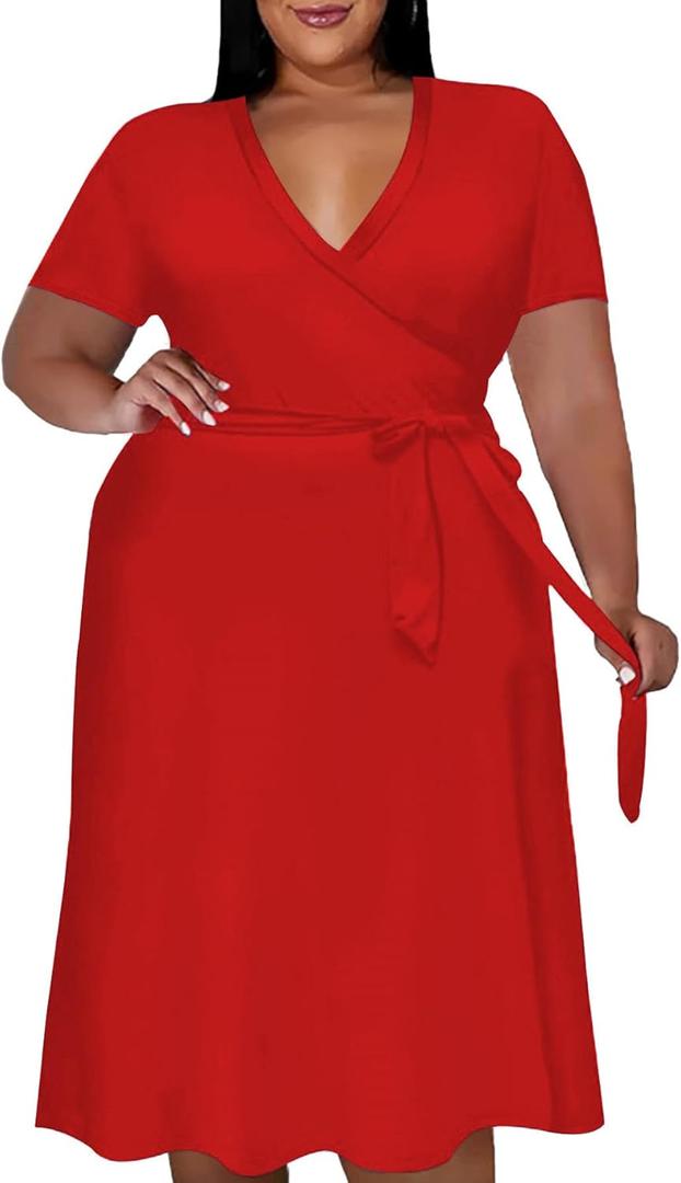 Tycorwd Women's Plus Size Midi Wrap Dresses Summer Short Sleeve Flowy Swing Beach Dress with Belt and Pockets (Red, 4XL)