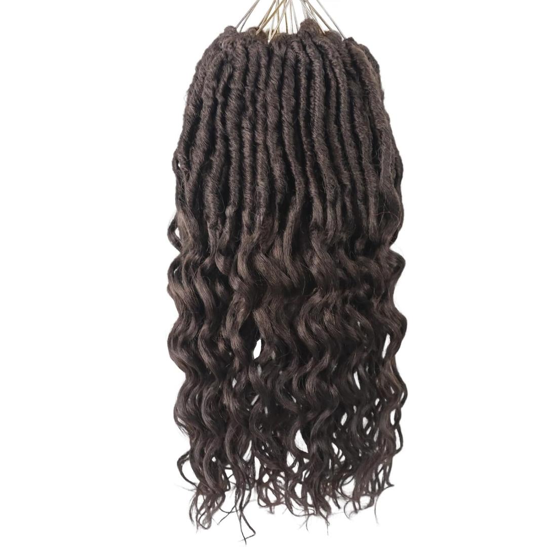 Deep Faux Locs Crochet Hair 12 Inch 8 Packs Goddess Locs Crochet Hair 4# Soft Loc Faux Loc Crochet Braids with Curly Ends Prelooped Deep Wave Croceht Braids for Black Women(Coffee Brown)