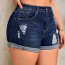 MapleHub Plus Size Women's Ripped Denim Jean Shorts High Waisted Stretchy Folded Hem Short Jeans (Dark Blue 2)