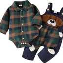 Baby Boy Clothes Infant Outfits Long Sleeve Plaid Bodysuit Romper + Jeans Overalls Jumpsuit Pants Sets (12-18 Months, Green)