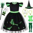 10 Pcs Halloween Black Witch Costume for Girls Pink Dress for Kids (9-10 Years)