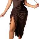Women's Spaghetti Strap Satin Dress Sexy Backless Drawstring Ruched Split Hem Cocktail Evening Party (Brown, XXL)
