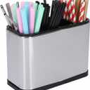 4-Section Stainless Steel Straw Holder, Stackable Straw Dispenser for Counter with Drain Holes, Organizer for Drinking Straws, Coffee Stirrers, Utensils, Silver