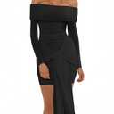 Ophestin Off The Shoulder Mesh Dress Long Sleeve Ruched Bodycon Dress for Women Tie Waist Dresses Black, Large