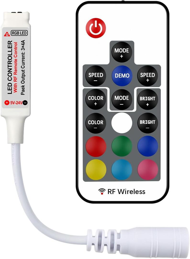 RGBZONE RF Wireless Remote LED Controller, DC 5V/12V/24V for 5050 3528 5630 LED Strip Lights, Mini 4-Pin RF LED Controller