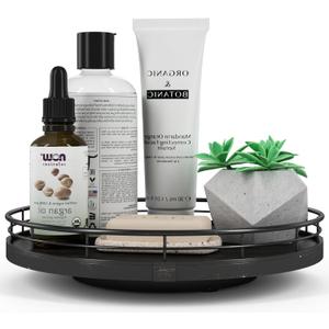 10" Oak Bathroom Vanity Tray Turntable for Perfume Candle, Round Wooden Decorative Tray for Kitchen Sink Countertop Organizer, Bathroom Counter Organizer for Skincare Makeup, Farmhouse Black Gold