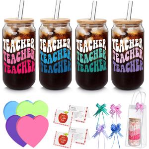 Teacher Appreciation Gifts- 4 Pack End of Year Teacher Gifts for Women Men, 18oz Teachers Glass Cup with Bamboo Lid and Straw Glass Coffee Cups, Unique Thank You Teachers Tumbler Mug Gift from Students