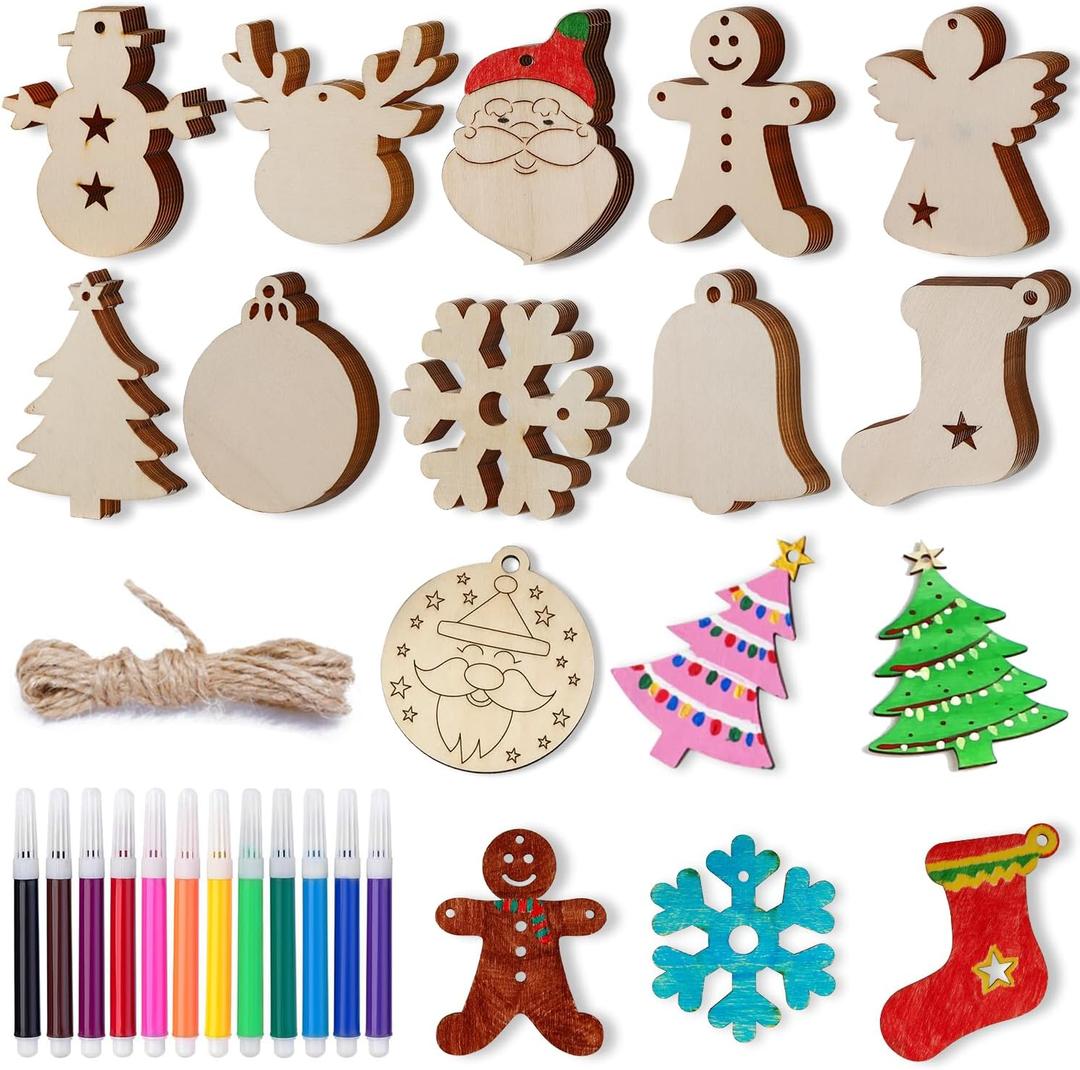 WeCraftool Christmas Crafts,100pcs DIY Wooden Ornaments for Crafts Arts,Stocking Stuffers Gifts for Ages 4 5 6 7 8+ Years Kids Boys Girls-Unfinished Wood Slices with Painting Kit Christmas Ornaments