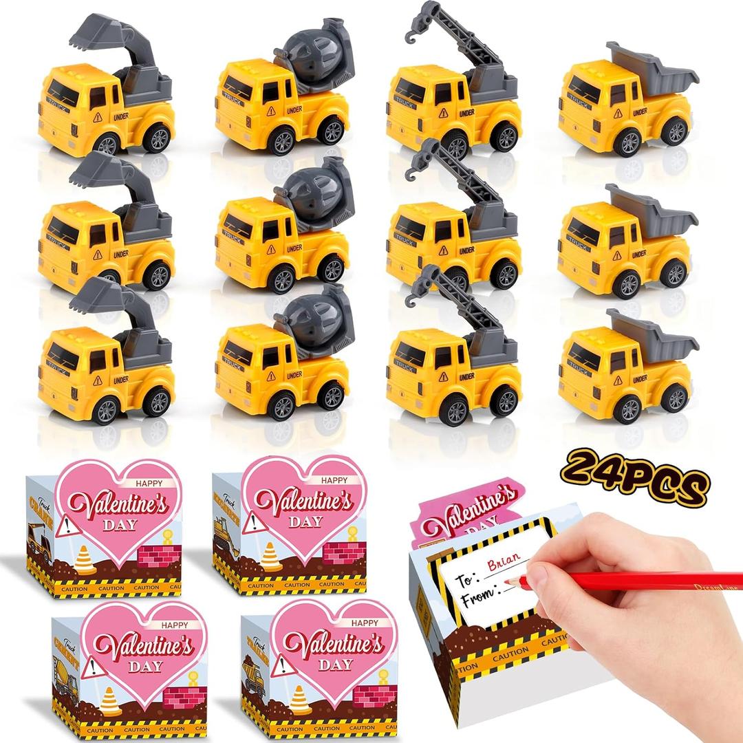 Valentines Day Gifts for Kids Classroom, 24 Pack Valentines Gfit Cards with Construction Vehicles Toys for Kids Ages 3-12 School, Funny Valentine Exchange Gift for Boys Girls Toddler Party Favors