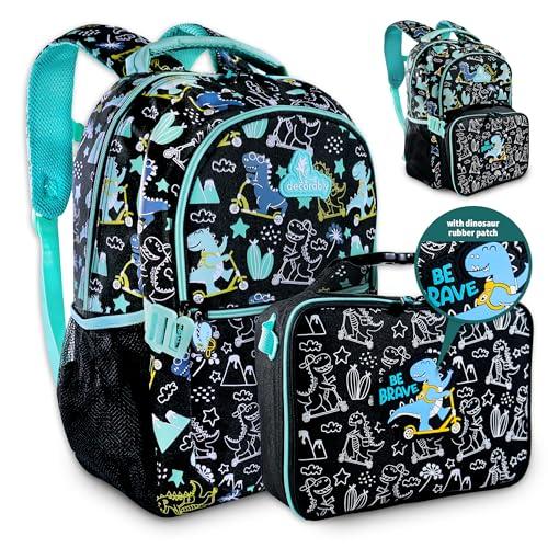 Decorably 2pc Set Dinosaur Backpack with Lunch Box Set with Rubber Patch, Multi-Compartment, Water-Resistant - Back to School Gift for Boys, Kids, Toddler, Preschool, Elementary
