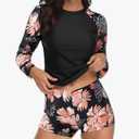 Bonneuitbebe Women Two Piece Rash Guard Bathing Suits Long Sleeve Built in Bra Swimsuits with Drawstring Waistband Boyshorts S