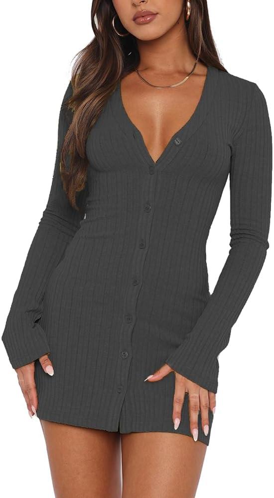 Long Sleeve Sweater Dresses Women Sexy V Neck Midi Dress 2025 Trendy Fall Casual Midi Dresses Winter Clothes Grey, Large