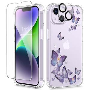 GVIEWIN for iPhone 14 Case Floral, with Screen Protector+Camera Lens Protector, [Non Yellowing]Soft Shockproof Clear Phone Protective Cover Women, Flower Pattern Design 6.1"(Alluring Butterfly/Purple)