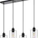 4-Light Kitchen Island Lighting, Black Pendant Light Fixture, Farmhouse Dining Room Light Fixtures Over Table, Modern Hanging Light Fixtures with Clear Glass, E26 Base, Bulbs Not Included