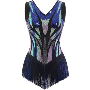 IBAKOM Women Sexy Fringe Bodysuit Open Back Sparkly Sequins Tassel Latin Jazz Dance Outfits Trapeze Acrobat Circus Costume, M