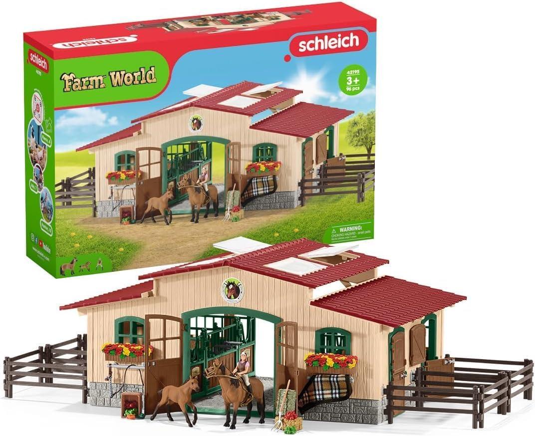schleich Farm World - 43PC Stable Playset with Horse Figurines - Barn Play Set with Horseback Rider Figure and Equestrian Accessories - Realistic Horse Toys for Screen-Free Play - Kids 3+ | 42195