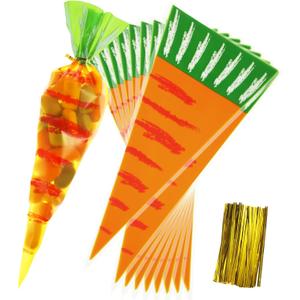 Tatuo 100 Pcs Easter Carrot Bags for Treats Cone Cellophane Candy Plastic Gift Bags with 100 Pieces Gold Twist Ties for Cookies Candy Easter Party Popcorn Goodie Cookie Party Favor Decor