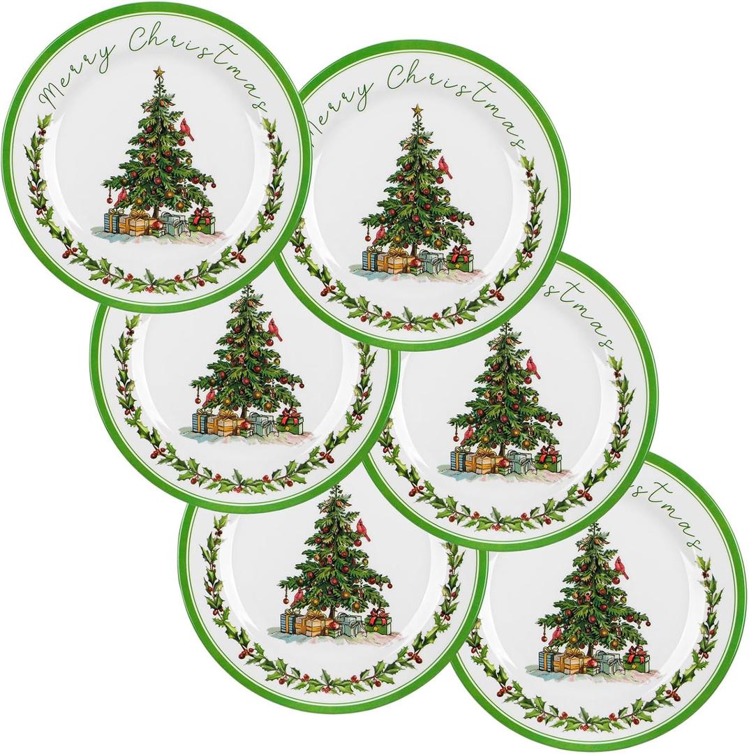 6 Pcs Christmas Melamine Plates Dinner Salad Plates Xmas Tree Dinnerware Xmas Wreath Dishes Holiday Tableware for Dessert Salad Appetizer Birthday Party(Christmas Tree,10 Inches)