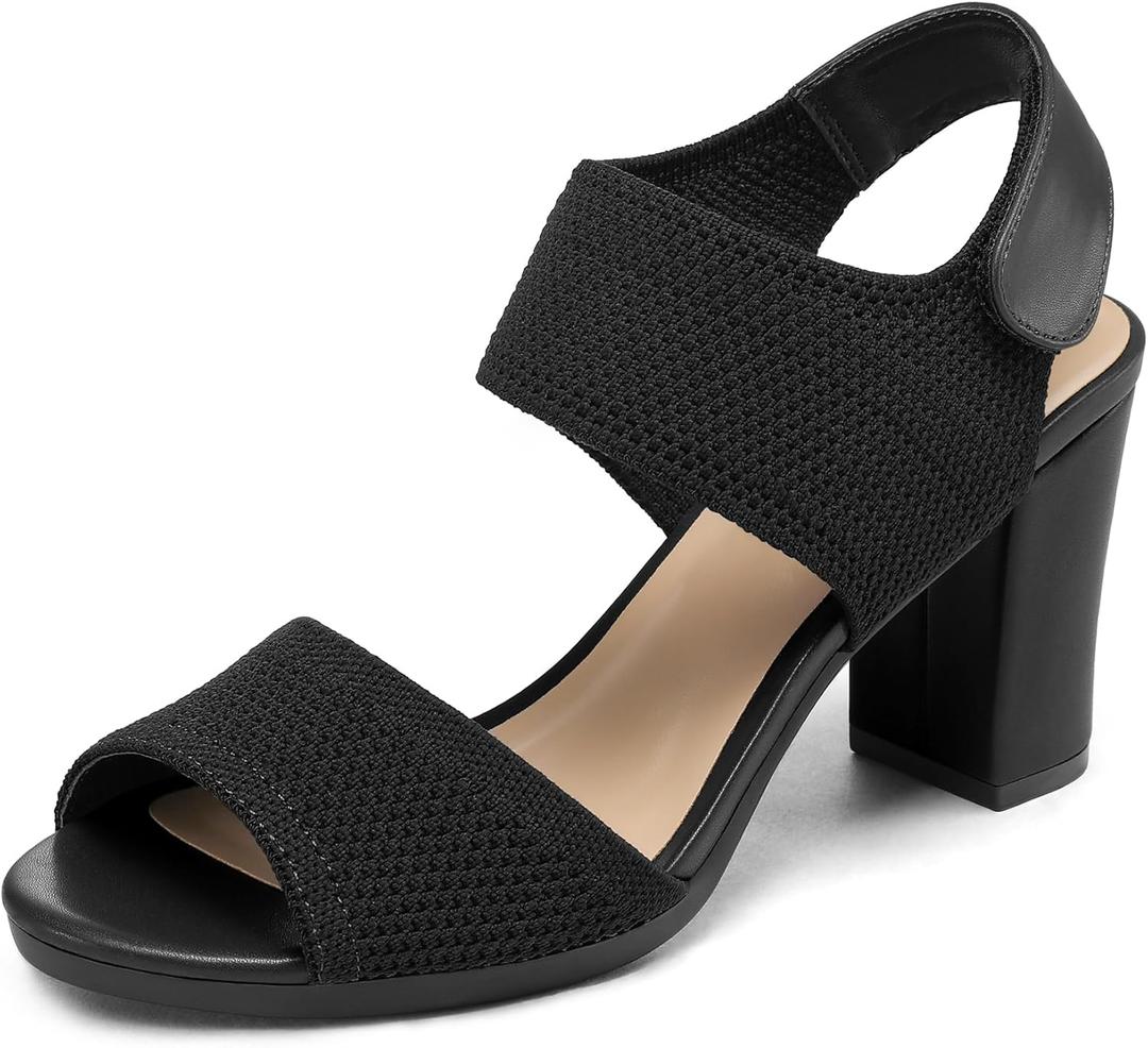 mysoft Women's Chunky Block High Heels Elastic Knit Open Toe Slingback Heeled Sandals (8.5 Wide, Black Hook & Loop)