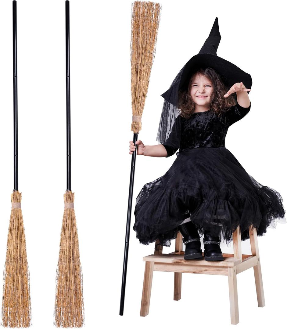 URATOT 3-Piece Halloween Broom Props - Thatch Bamboo Witch Broomsticks with Retractable Straws - Party Decoration for Cosplay & Favors