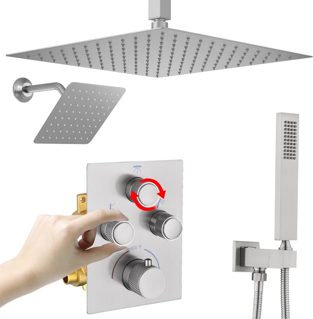 Dual Shower Heads Shower System with 16" Ceiling Mounted Rain Shower Head & 6" Wall Mounted Head Full Body Shower System 3 Way Thermostatic Shower Valve Can All Run Together, Brushed Nickel