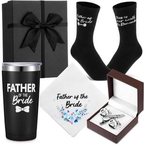 Domensi Father of the Bride Gift Set Include Insulated Coffee Tumbler Wedding Handkerchief Bride Socks Cufflinks and Tie Clip Funny Wedding Gifts for Father Men Engagement Announcement Accessory