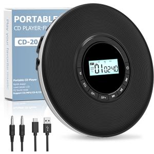 Sunoony Walkman CD Player, Portable CD Player for Car, Personal Disman CD Player with Headphones Jack, LCD Display, Anti-Skip, Aux-Out Cable/ TF Slot, 2*AA Batteries or Type-C Supply for Home, Travel and Car