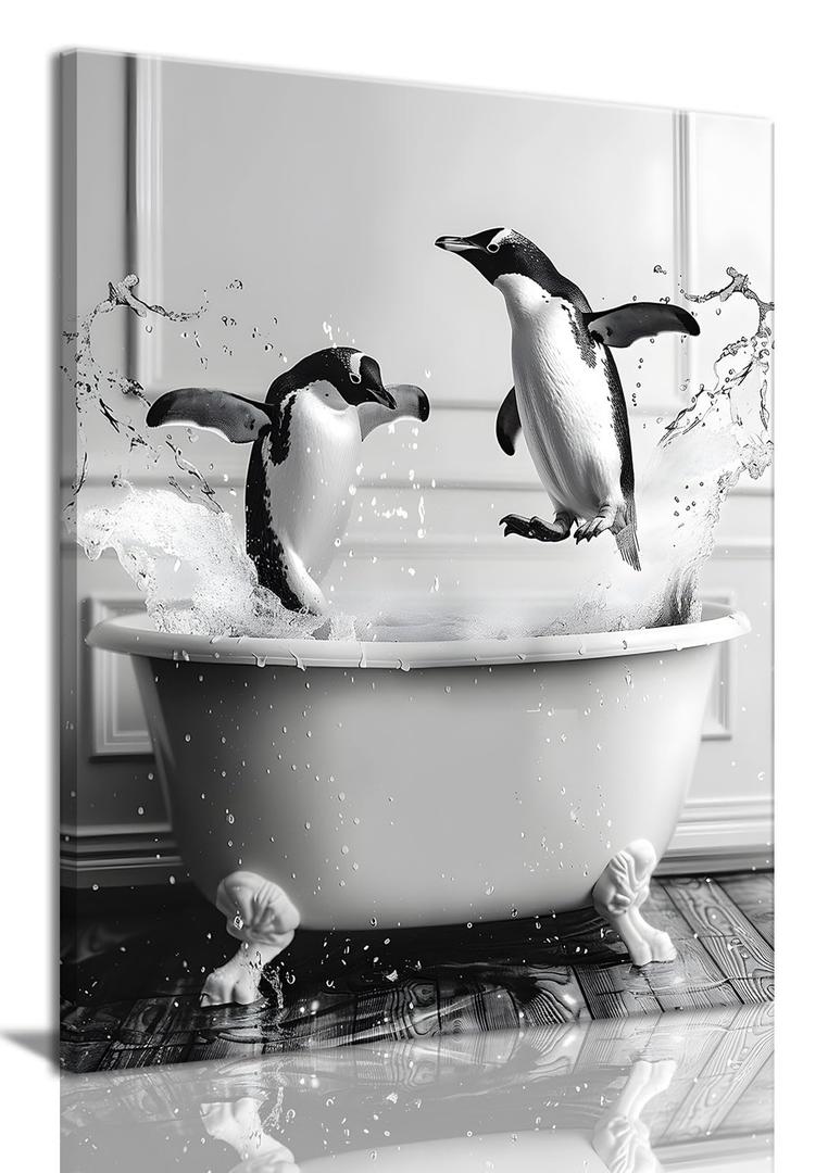 OIQArtOIQ Funny Bathroom Framed Wall Art Black and White Animal Canvas Wall Art Prints Penguin in Bathtub Pictures Wall Decor Modern Minimalist Humorous Artwork For Restroom