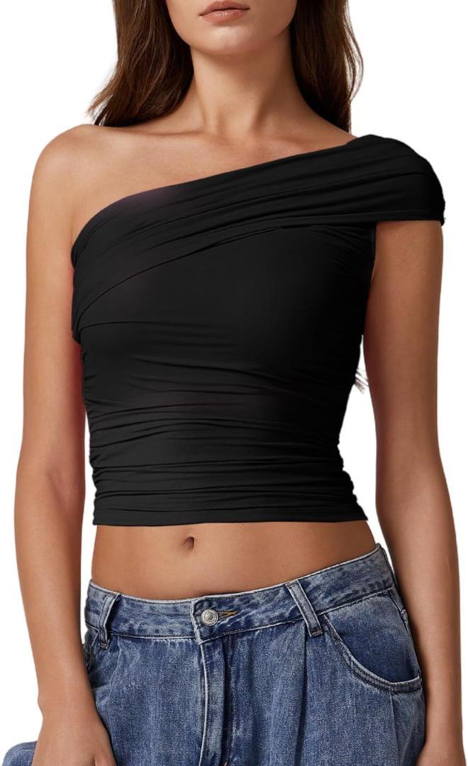 QINSEN Womens Sleeveless Foldover Top Double Lined One Shoulder T Shirts Summer Trendy Going Out Crop Tops (Medium, Black)