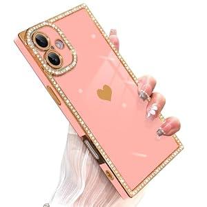 PERRKLD for iPhone 16 Plus Case Cute Love Heart Plating for Women, with Screen Protector, Glitter Sparkle Rhinestone Diamond Border Design Slim Rectangle Wireless Protection Case Cover, Pink