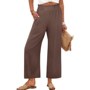 ANRABESS Womens Wide Leg Palazzo Pants Summer Beach High Waisted Cropped Flowy Pants 2026 Dressy Casual Trousers with Pockets (Small, Brown)