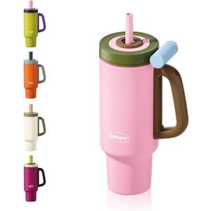 Tumbler with Handle,36 oz Ceramic Lined Travel Mug Water Bottle with Straw,Vacuum Insulated Stainless Steel Cup with Lid,Fits Cup Holder, Leak Resistant Press-in Lid,Pink