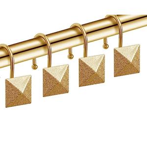 Gold Shower Curtain Hooks, CHICTIE Shower Hooks for Shower Curtain, Rustproof Decorative Shower Curtain Rings for Bathroom Rod, Modern Metal Brass Shower Curtain Hangers, Square Pyramid Set of 12