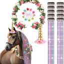 22Pcs Horse Costume, Unicorn Horn, Pony Bling Hair Accessory Set, Horses Tail Extension with Mini Clip, Pony Tinsel Rose Flower Vine for Real Horse Birthday Party Decor