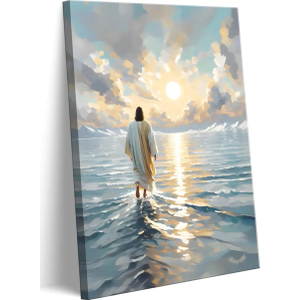 Jesus Walking On Water Canvas Wall Art Christian God Wall Decor Picture Religious Spirit Faith Poster Print for Living room Bedroom Church Decoration, 16x24in