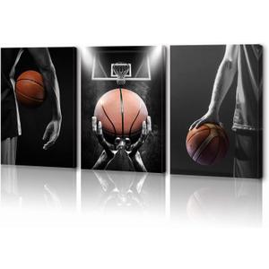 KAWAHONE -3 Piece Basketball Art Prints: Black and White Wall Art, Antique View, Gym Room Decoration, Boys Gift
