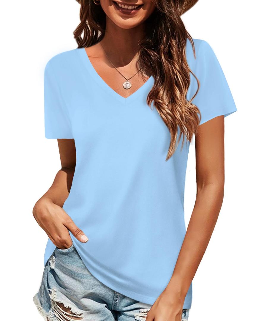 Elesomo Women Shirts V Neck Short/Long Sleeve Cotton Tops T-Shirt Basic Tees Size XS