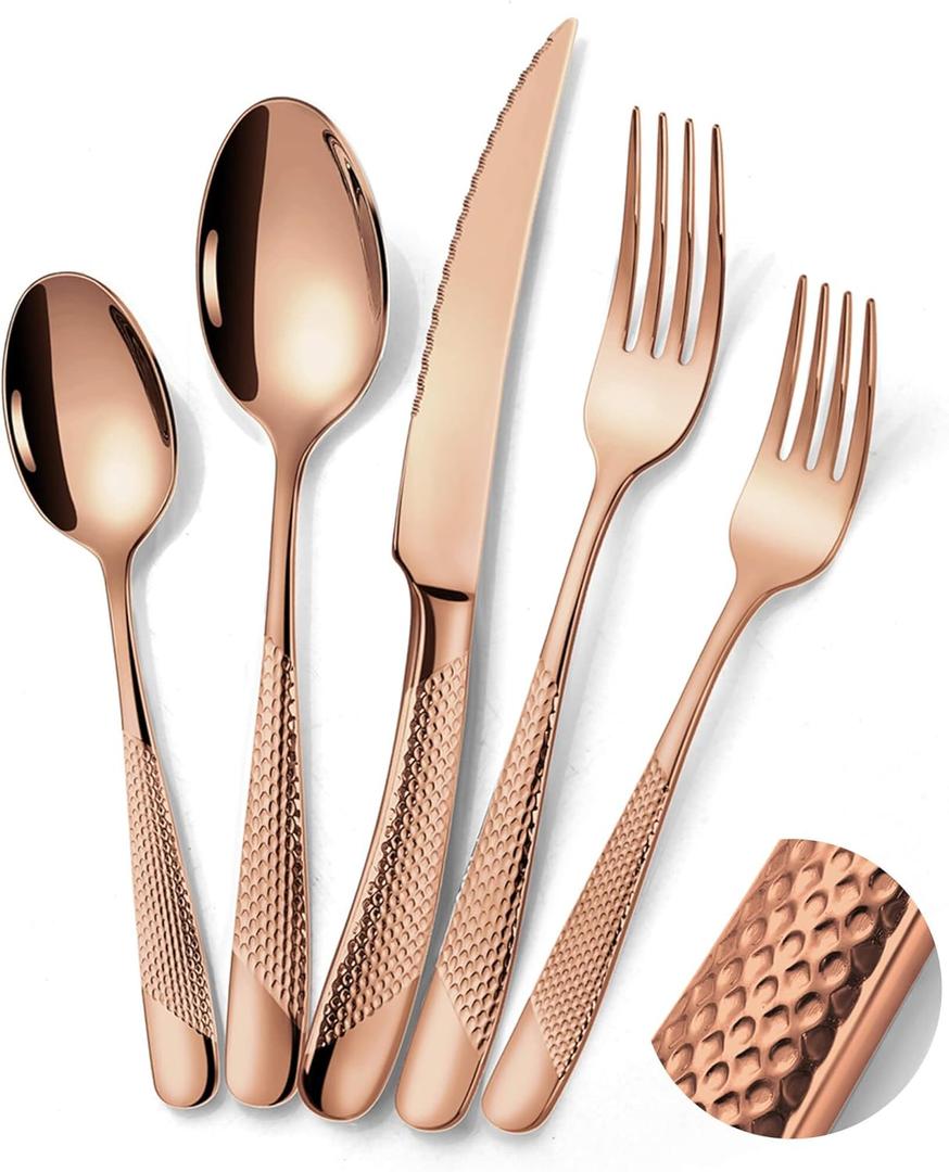 20-Piece Hammered Rose Gold Silverware Set for 4 with Serrated Forging Knives,18/10 Stainless Steel Modern Flatware Set,Unique Cutlery Set Spoons and Forks Set,Mirror Polished,Dishwasher Safe