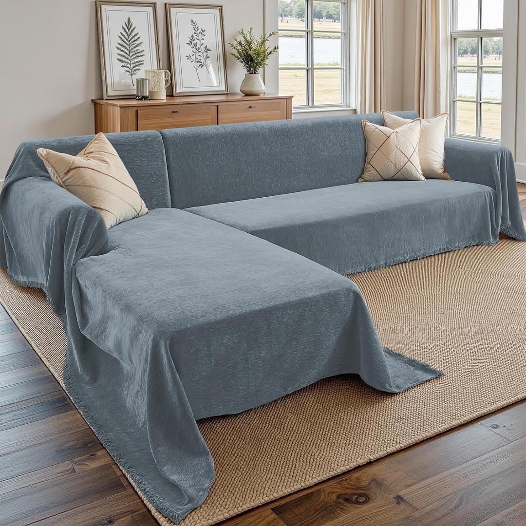 CAPALOCA Sectional Couch Covers, 2 Pieces Chenille Sofa Cover L Shaped Couch Cover Blanket for Dogs Washable Sofa Slipcovers Pet Furniture Protector (XXX-Large: 71" x 118" + 91" x 134", Blue)