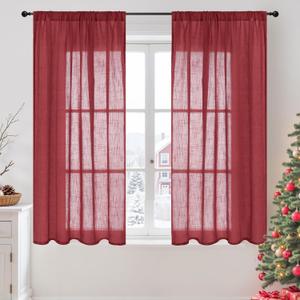 BGment Linen Burgundy Curtains 54 Inch Length for Short Window, Semi Sheer Drapes Lightweight Rustic Textured for Living Room Bedroom with Rod Pocket, 2 Panels Set, Each 42 Inch Wide