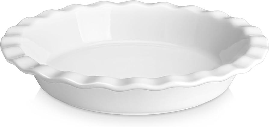 MALACASA Pie Dish for Baking, Stoneware Pie Pan 9 Inch, Embossed Deep Dish Pie Pans, 45 OZ Round Baking Dish Pie Pan, Fluted Dish Pie Plate for Apple Pie, Quiche and Tart, Set of 1, Series LYDIA, Set of 5 plates, White
