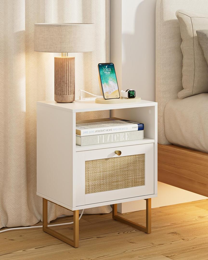 Apetaccat Rattan Nightstand with Charging Station, Boho Night Stand Farmhouse Wood Bedside Table with Storage and Open Shelf, End Side Accent Table for Bedroom,Living Room,White (Normal)