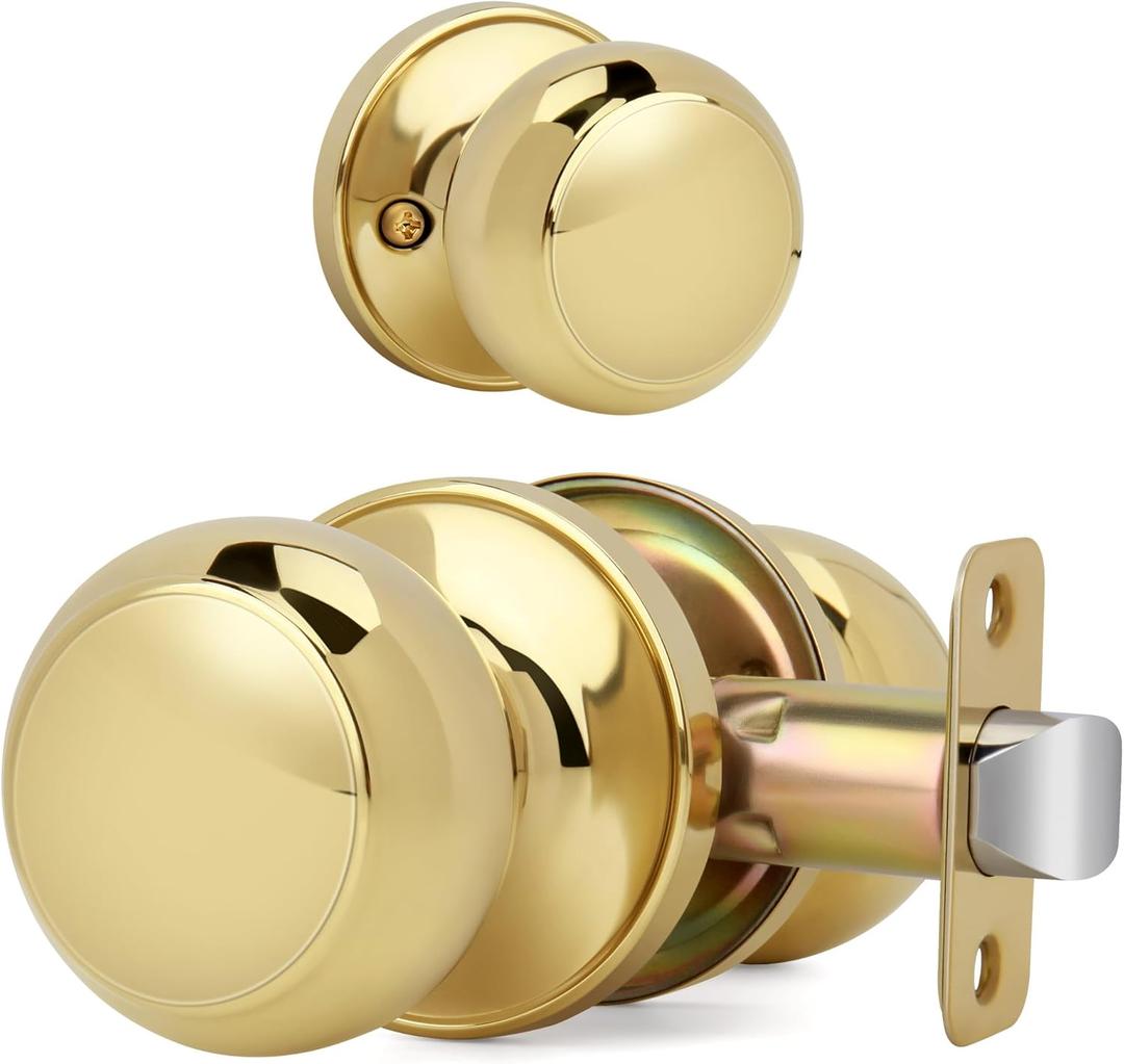 Flat Ball Door Knob Without Key and Lock, Non-Locking Passage Round Design Doorknob for Hallway/Closet, Polished Brass Finish (1 Pack)