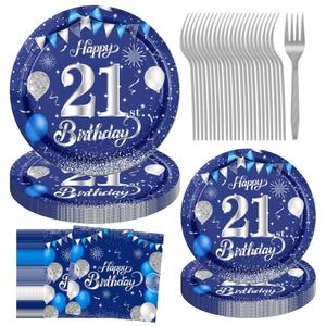 21st Birthday Decorations for Him, 96 Pcs 21st Birthday Plates and Napkins Party Supplies Blue Silver happy 21st Birthday Decorations Dinnerware 21 Years Old Table Decorations Serves 24