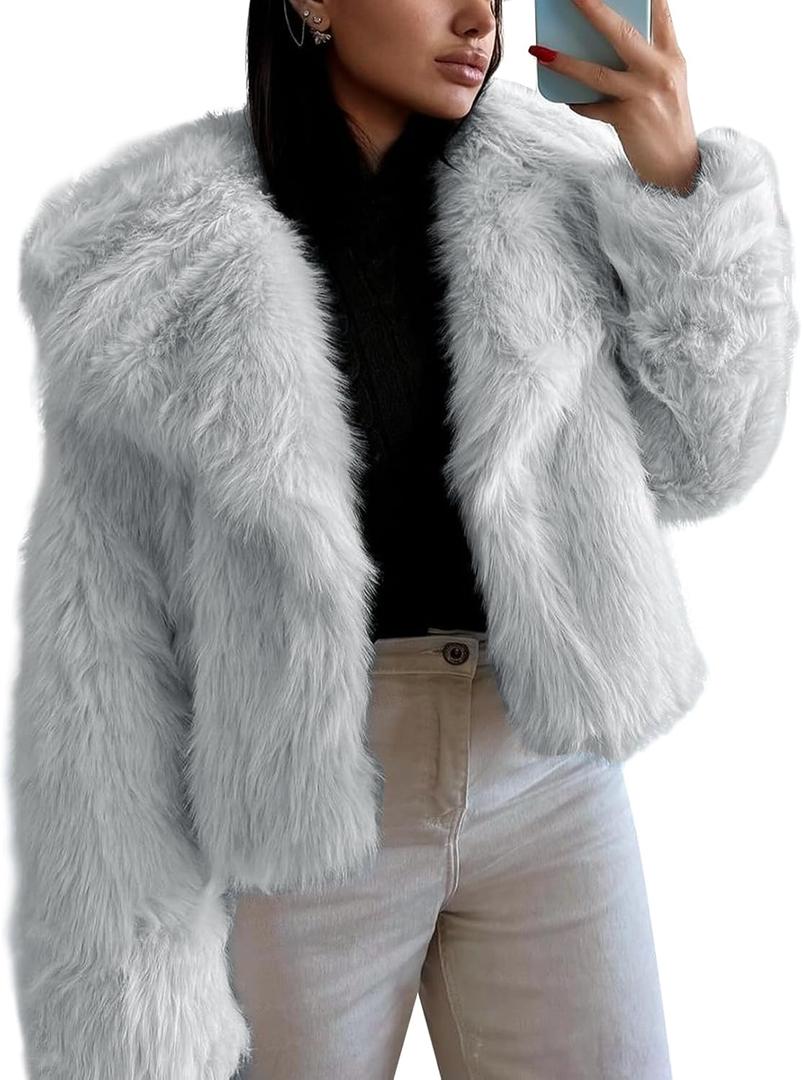 Flygo Women's Faux Fur Coat Fluffy Faux Fur Jacket Long Sleeve Lapel Furry Winter Jackets Shaggy Parka Short Coat (Light Grey), XL