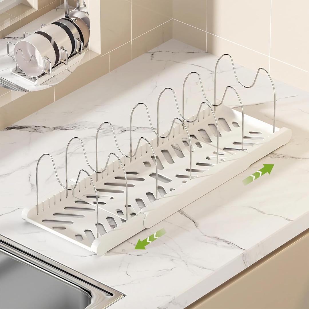 Yuzi Pots and Pans Organizer Under Cabinet - Expandable Pot Lid Holder with 7 Adjustable Dividers for Kitchen Cabinet, Baking Pan and Tray Organizer, Cookware Baking Frying Rack