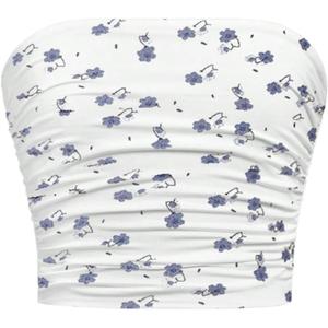 Girl's Ruched Strapless Tube Top Sleeveless Cropped Bandeau Basic Summer Cute Tops for Girls (White Blue)