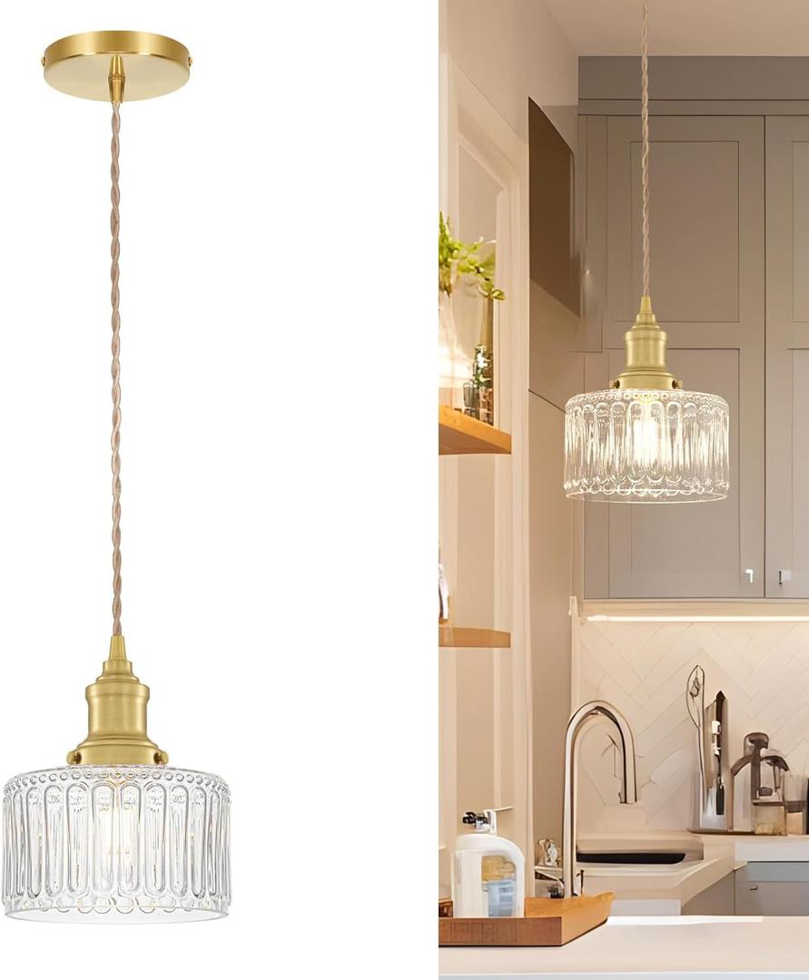 6.9in Vintage Pendant Lights for Kitchen with Clear Striped Glass Shade, Brushed Gold Pendant Lights Kitchen Island, Small Light Pendant Adjustable Hanging Light for Entrance Bathroom Hallway Home